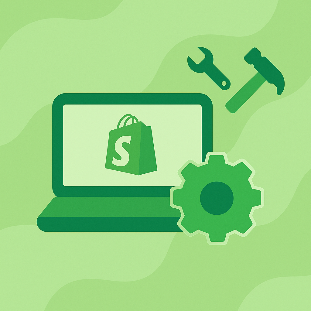 Illustration af laptop og bygge-ikoner, der symboliserer opsætning og design af en succesfuld Shopify webshop.