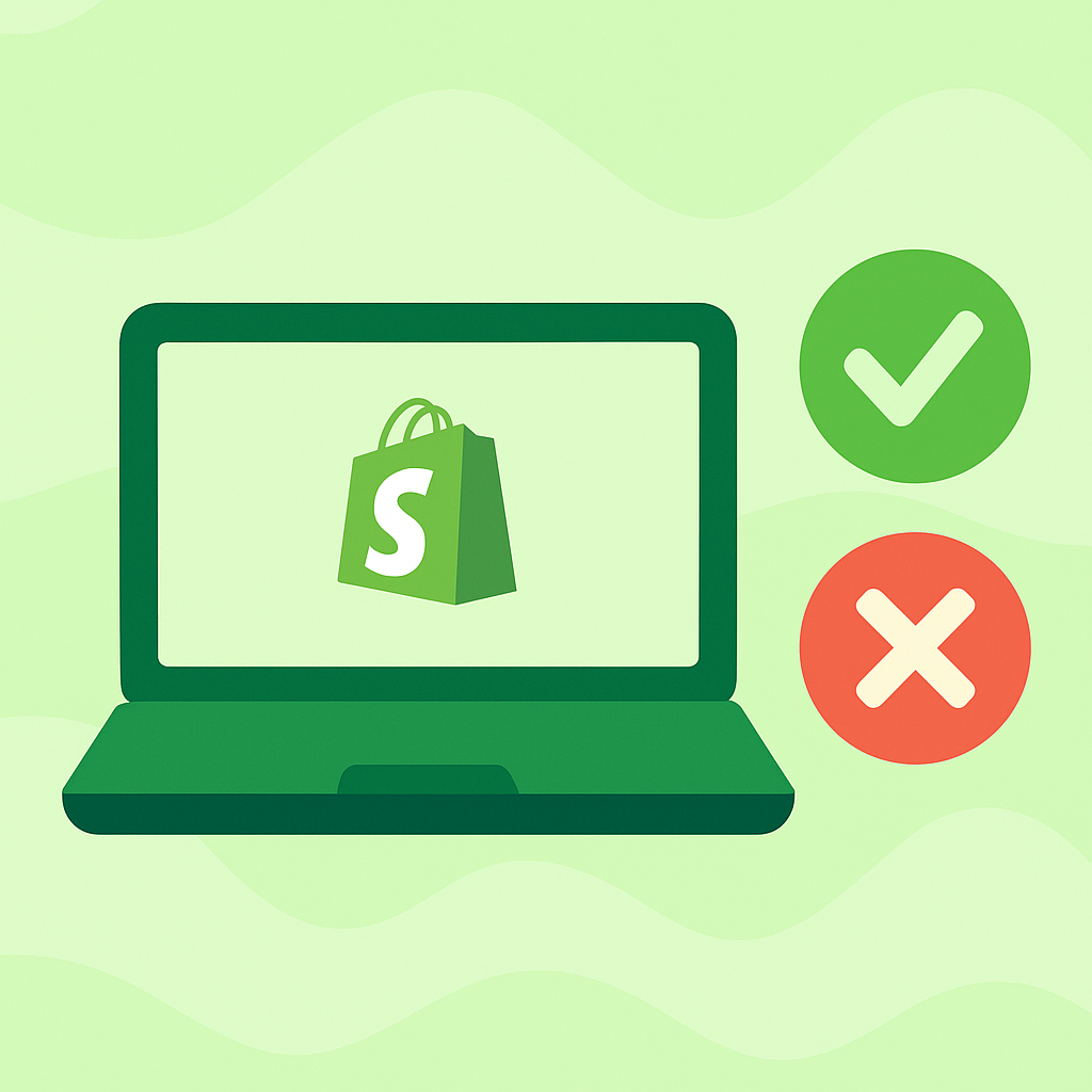 Illustration af laptop med Shopify-ikon samt flueben og kryds, der symboliserer valg af Shopify frem for andre webshop-platforme.